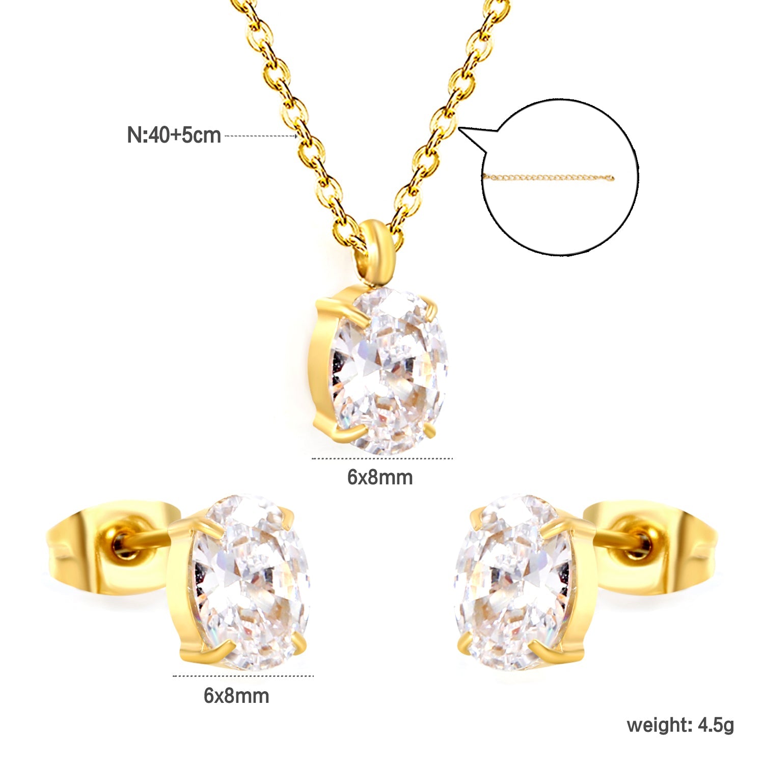 Oval Zirconia Set Gold/Steel Tone Studs: 6*8mm Pendant: 6*8mm 0.3ct Cross Chain 40+5cm + 6mm Round Tag asonjewelry