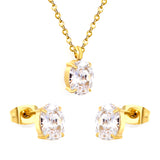 Oval white zirconium set Gold-colored earrings: 6*8mm Pendant: 6*8mm 0.3 cross chain *40+5cm+6mm round plate