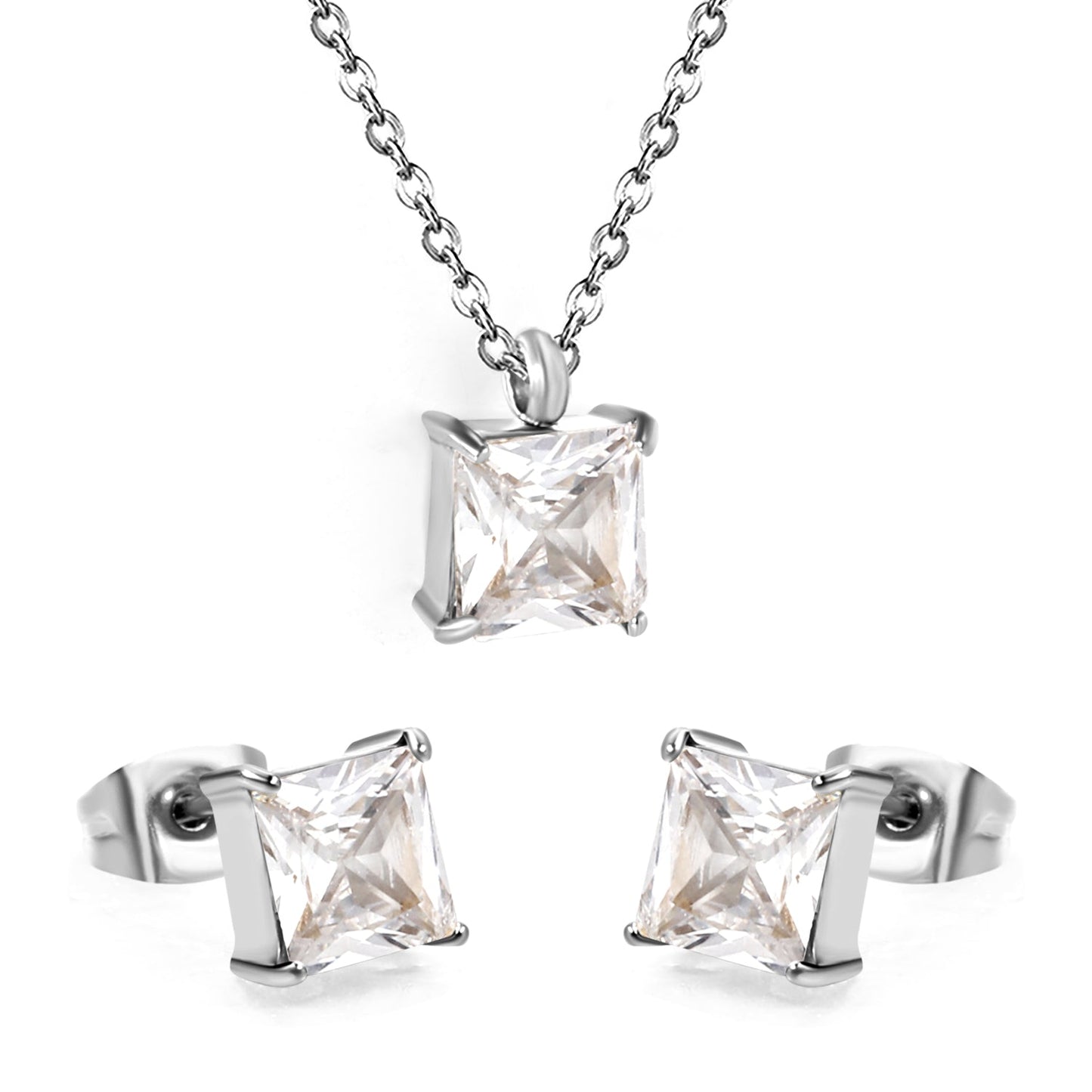 Square Zirconia Set Gold/Steel Tone Studs: 7mm Pendant: 7mm 0.3ct Cross Chain 40+5cm + 6mm Round Tag asonjewelry