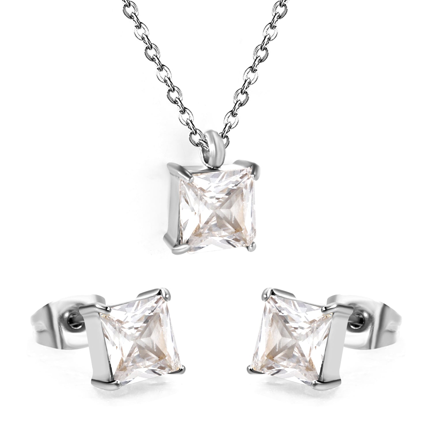 Square Zirconia Set Gold/Steel Tone Studs: 7mm Pendant: 7mm 0.3ct Cross Chain 40+5cm + 6mm Round Tag asonjewelry