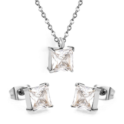 Square Zirconia Set Gold/Steel Tone Studs: 7mm Pendant: 7mm 0.3ct Cross Chain 40+5cm + 6mm Round Tag asonjewelry