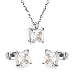 Square Zirconia Set Gold/Steel Tone Studs: 7mm Pendant: 7mm 0.3ct Cross Chain 40+5cm + 6mm Round Tag