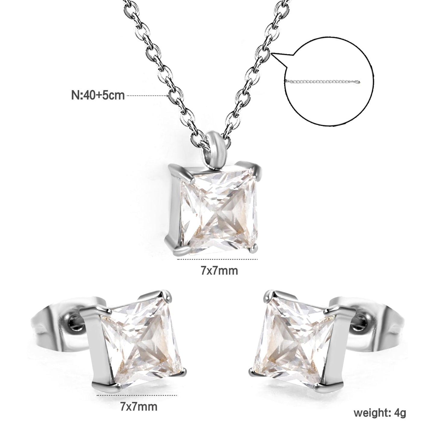 Square Zirconia Set Gold/Steel Tone Studs: 7mm Pendant: 7mm 0.3ct Cross Chain 40+5cm + 6mm Round Tag asonjewelry