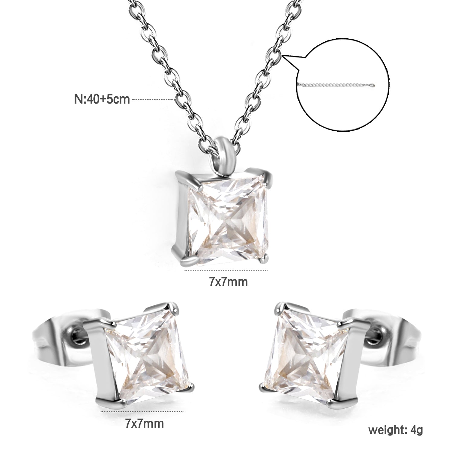 Square Zirconia Set Gold/Steel Tone Studs: 7mm Pendant: 7mm 0.3ct Cross Chain 40+5cm + 6mm Round Tag asonjewelry
