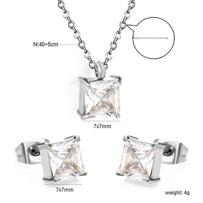 Square Zirconia Set Gold/Steel Tone Studs: 7mm Pendant: 7mm 0.3ct Cross Chain 40+5cm + 6mm Round Tag asonjewelry