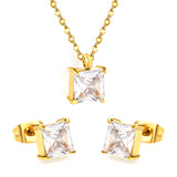Square white zirconium set Gold color earrings:7mm Pendant:7mm 0.3 cross chain*40+5cm+6mm round plate