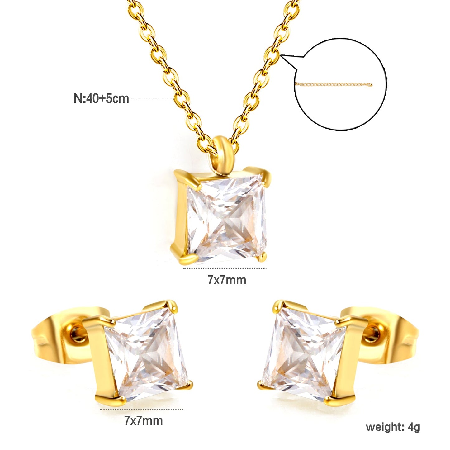 Square Zirconia Set Gold/Steel Tone Studs: 7mm Pendant: 7mm 0.3ct Cross Chain 40+5cm + 6mm Round Tag asonjewelry