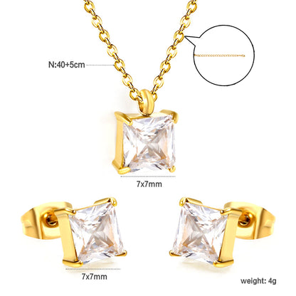 Square Zirconia Set Gold/Steel Tone Studs: 7mm Pendant: 7mm 0.3ct Cross Chain 40+5cm + 6mm Round Tag asonjewelry