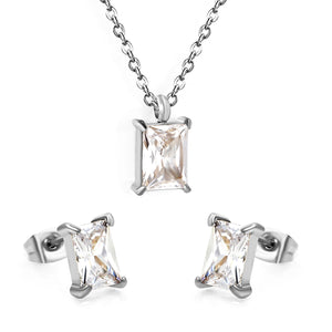 Rectangular White Zircon Set Gold/Steel Earrings: 5*7mm Pendant: 5*7mm 0.3mm Cross Chain 40+5cm + 6mm Round Tag