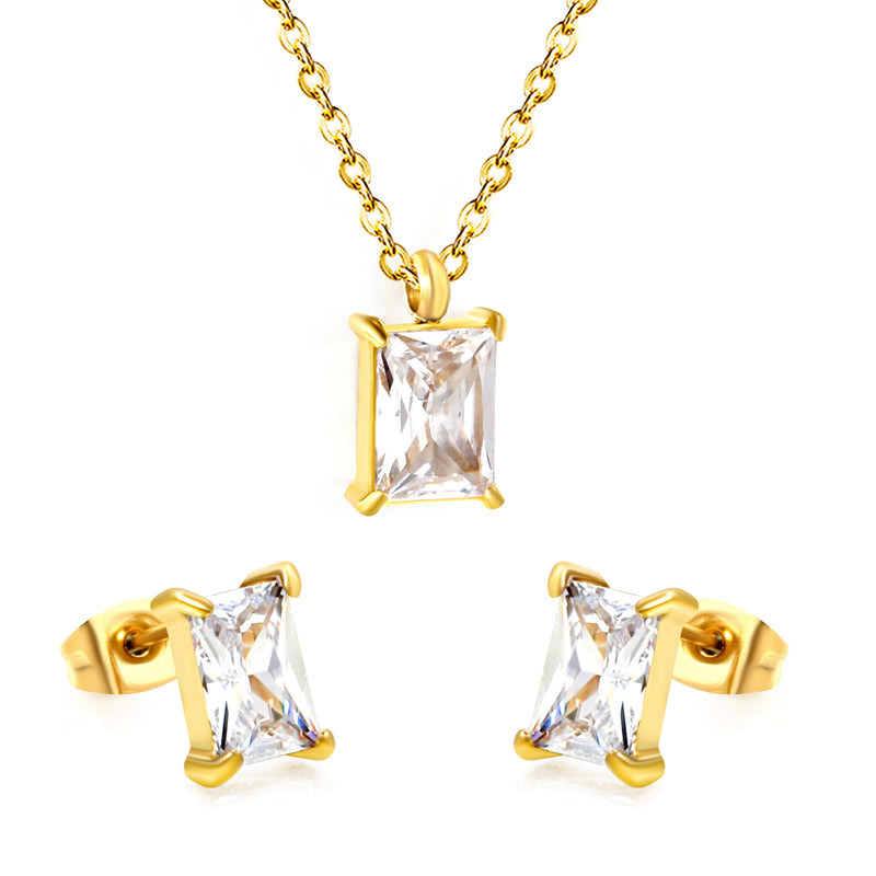 Rectangular White Zircon Set Gold/Steel Earrings: 5*7mm Pendant: 5*7mm 0.3mm Cross Chain 40+5cm + 6mm Round Tag
