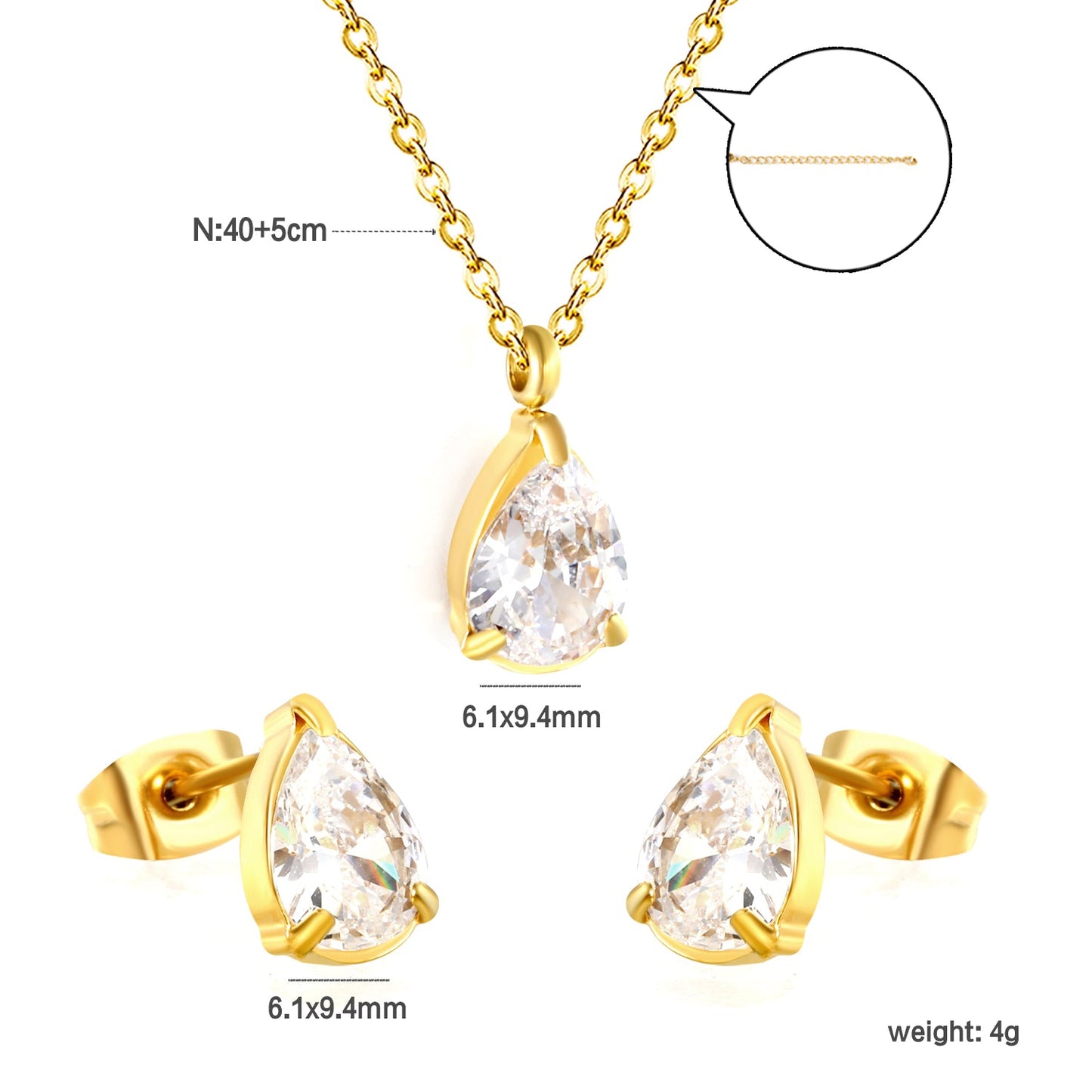 Teardrop White Zircon Set Gold/Steel-Tone Studs: 6.1*9.4mm Pendant: 6.1*9.4mm 0.3ct Cross Chain 40+5cm + 6mm Round Tag asonjewelry