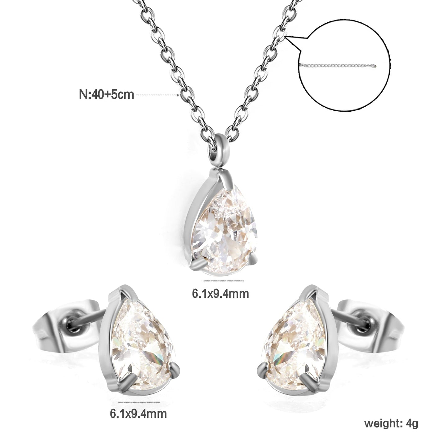 Teardrop White Zircon Set Gold/Steel-Tone Studs: 6.1*9.4mm Pendant: 6.1*9.4mm 0.3ct Cross Chain 40+5cm + 6mm Round Tag asonjewelry