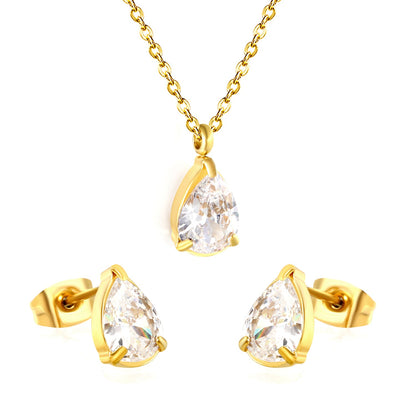 Teardrop white zirconium set Gold-colored earrings:6.1*9.4mm Pendant:6.1*9.4mm 0.3 cross chain*40+5cm+6mm round plaque asonjewelry