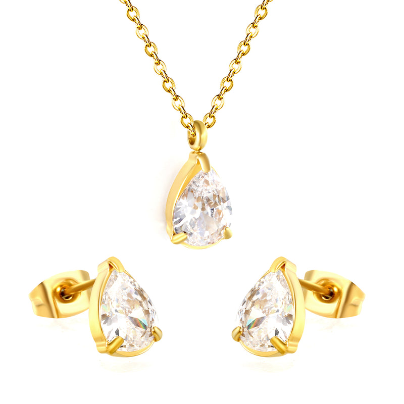 Teardrop white zirconium set Gold-colored earrings:6.1*9.4mm Pendant:6.1*9.4mm 0.3 cross chain*40+5cm+6mm round plaque