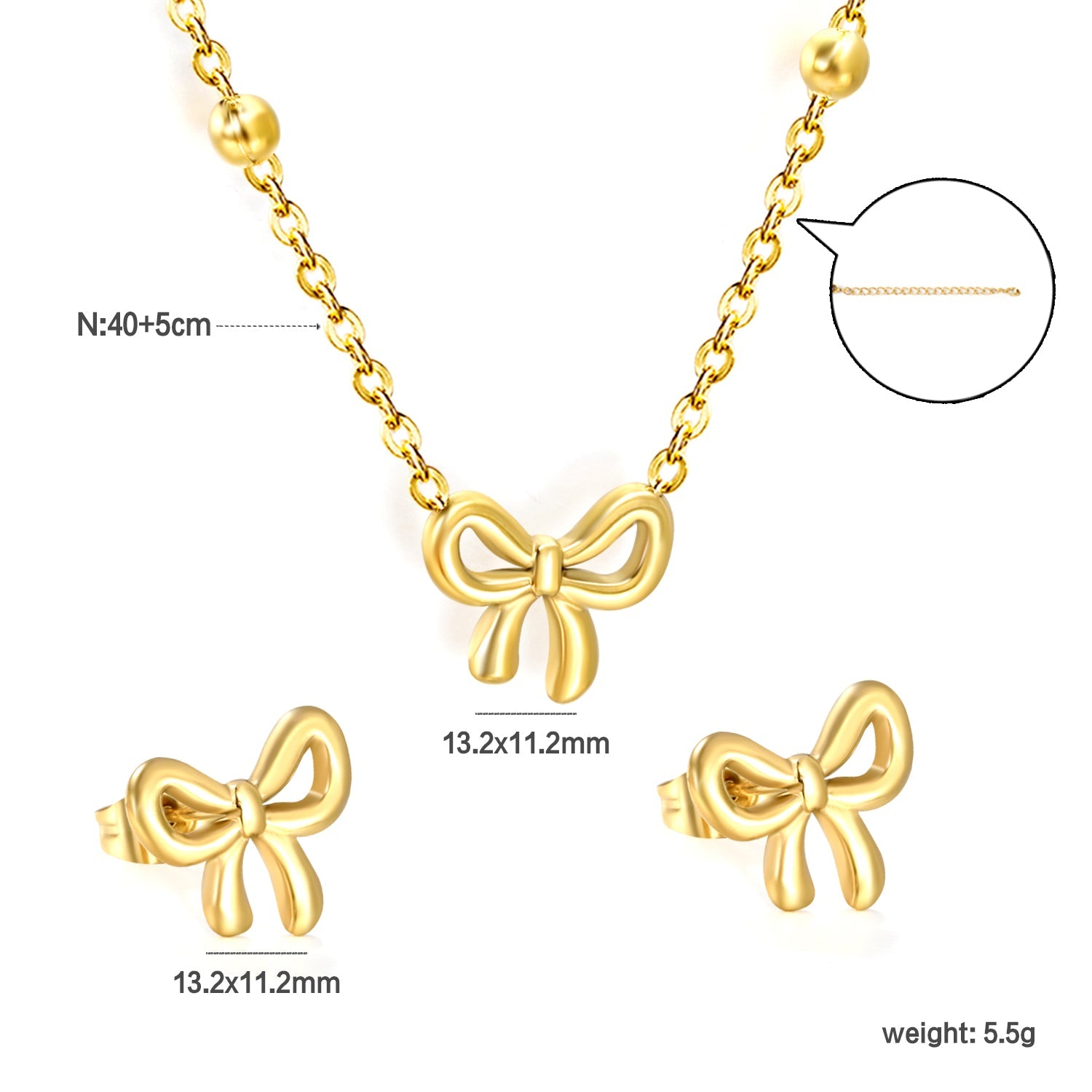 Bowtie set Golden earrings:13.2*11.2mm Pendant:13.2*11.2mm 40+5cm+6mm round plaque asonjewelry