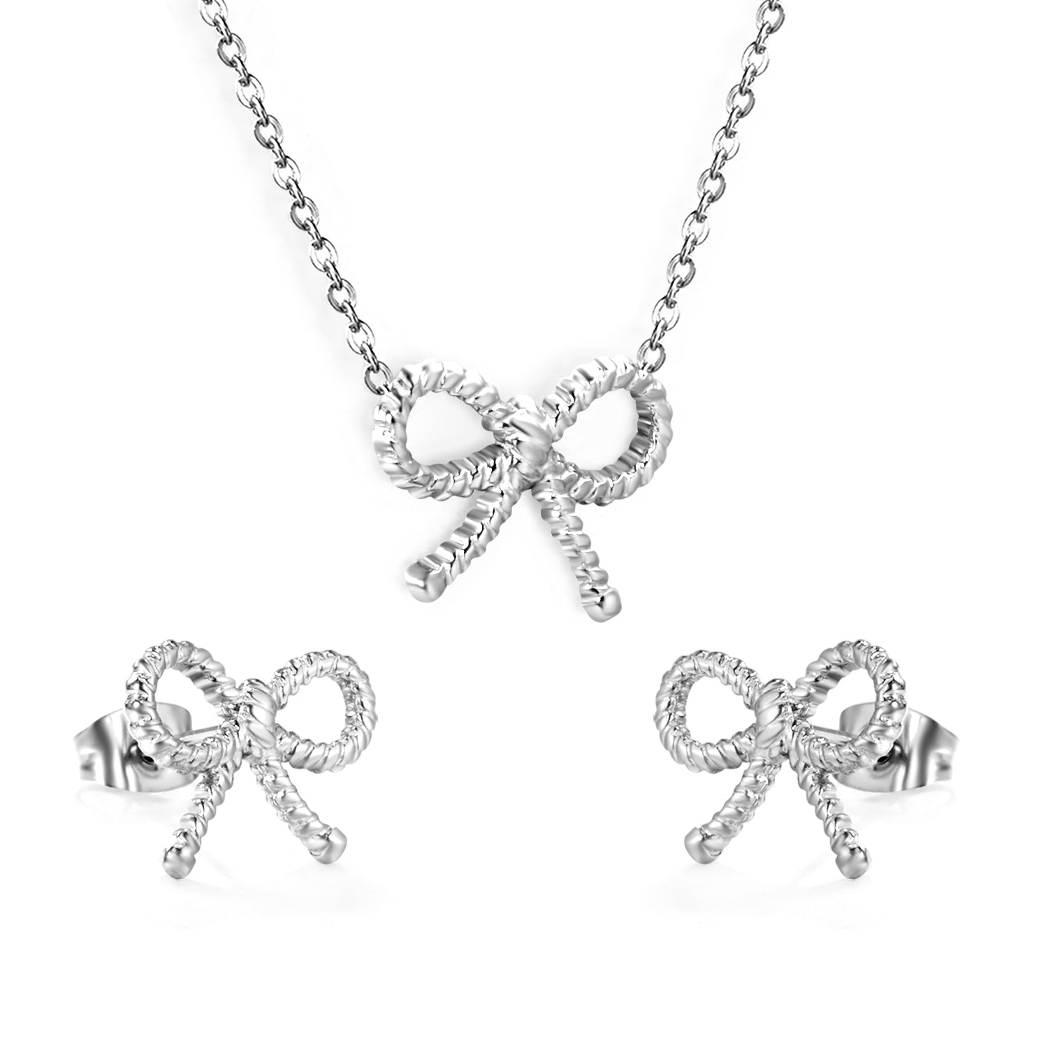 Bow Set Steel Color Earrings:13.2*11.2mm Necklace:13.2*11.2mm0.3 Cross Chain*40+5cm+6mm Round Plaque asonjewelry