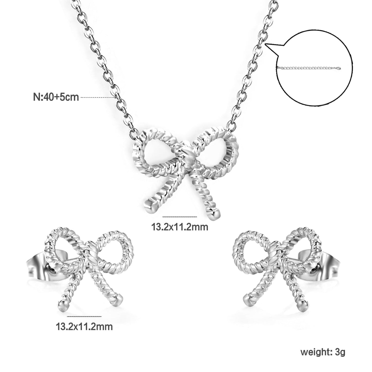 Bow Set Steel Color Earrings:13.2*11.2mm Necklace:13.2*11.2mm0.3 Cross Chain*40+5cm+6mm Round Plaque asonjewelry