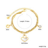 Cylinder white diamond + lucky star + heart-shaped white shell bead chain double bracelet 17 + 5cm + 6mm bracelet, gold color