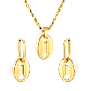 Pig nose set Golden oval wire ear clips: wire 2 * 12 * 17mm Earrings: 13 * 17mm Pendant: 13 * 17mm 2.0 twist chain * 40 + 5cm + 6mm round plate