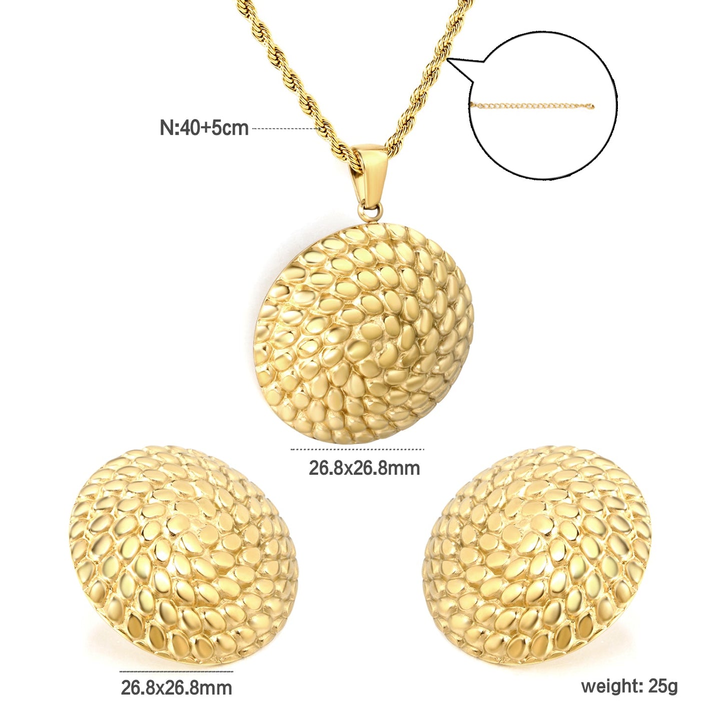 Round Thread Set Gold Color Earrings: 26.8mm Pendant: 26.8mm 2.0 Twist Chain*40+5cm+6mm Round Plaque asonjewelry