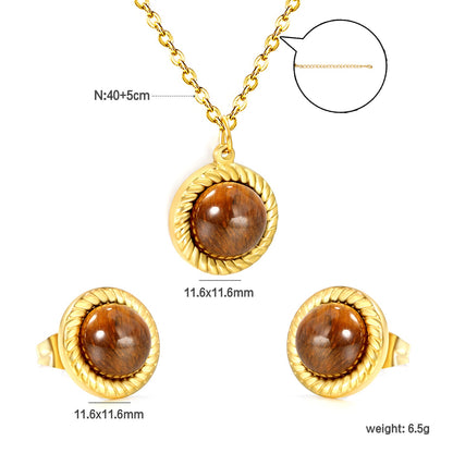 Tiger's Eye Set Gold-colored earrings:11.6mm Pendant:11.6mm 0.3 cross chain*40+5cm+6mm round plaque asonjewelry