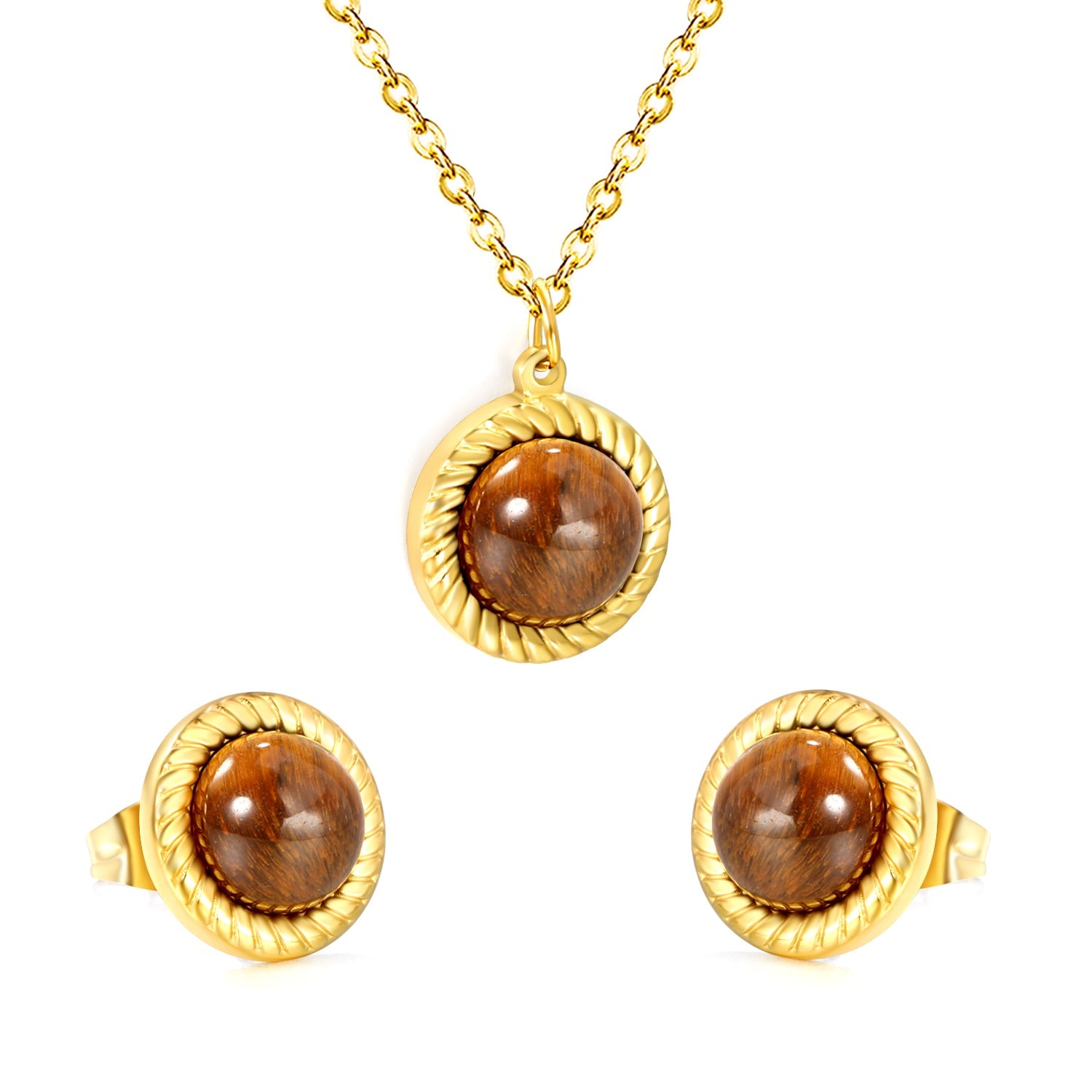 Tiger's Eye Set Gold-colored earrings:11.6mm Pendant:11.6mm 0.3 cross chain*40+5cm+6mm round plaque asonjewelry