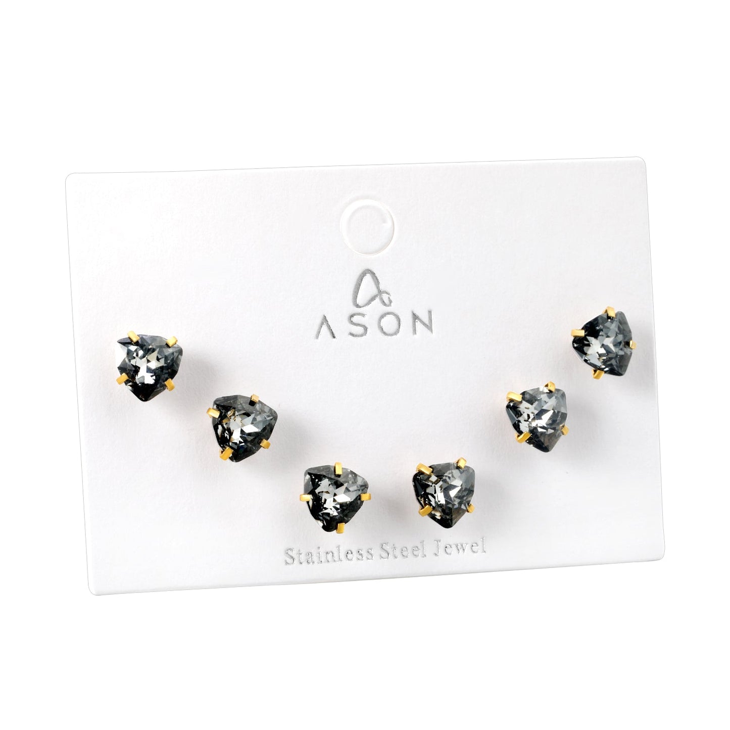 3 pairs of white/mineral black/red/light pink/champagne color 7mm equilateral triangle diamond earrings set Gold color asonjewelry