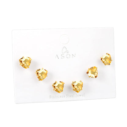 3 pairs of white/mineral black/red/light pink/champagne color 7mm equilateral triangle diamond earrings set Gold color asonjewelry