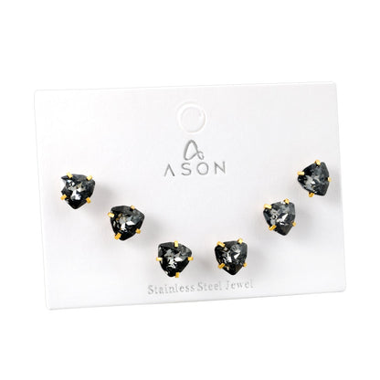 3 pairs of white/mineral black/red/light pink/champagne color 7mm equilateral triangle diamond earrings set Gold color asonjewelry