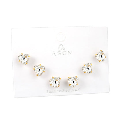 3 pairs of white/mineral black/red/light pink/champagne color 7mm equilateral triangle diamond earrings set Gold color asonjewelry