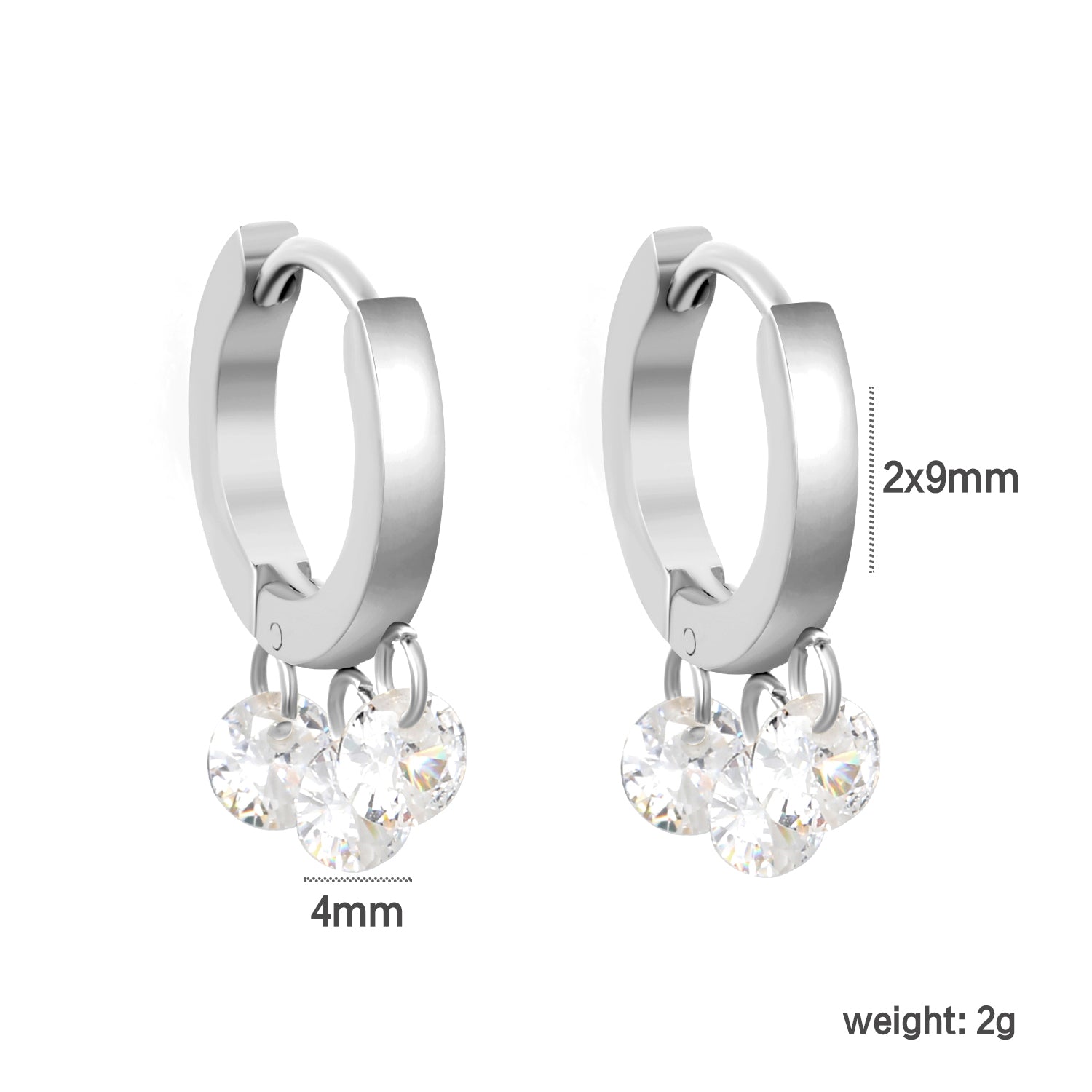 2*9mm spherical earrings + 3 4mm round white zirconium fittings gold color/steel color asonjewelry