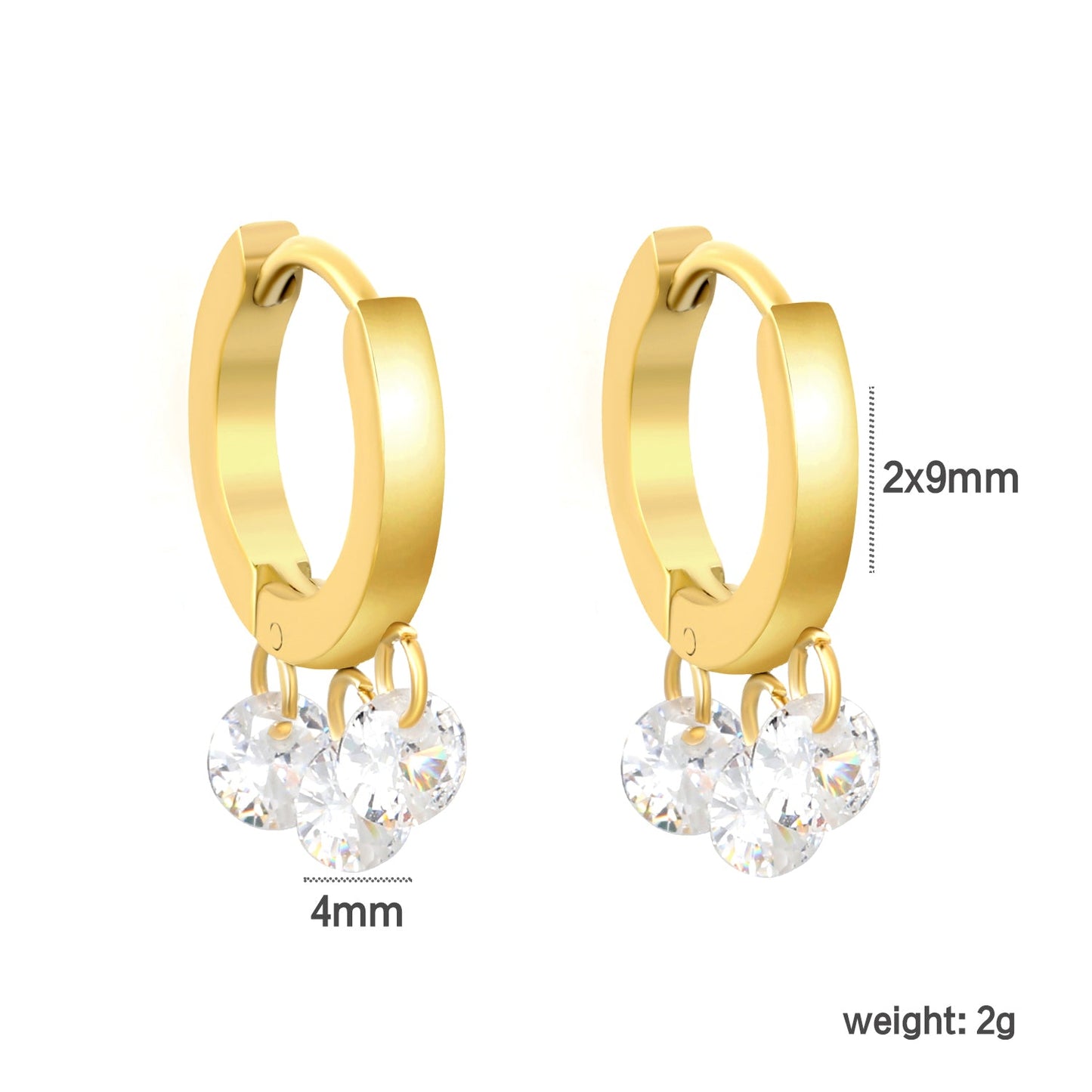 2*9mm spherical earrings + 3 4mm round white zirconium fittings gold color/steel color asonjewelry