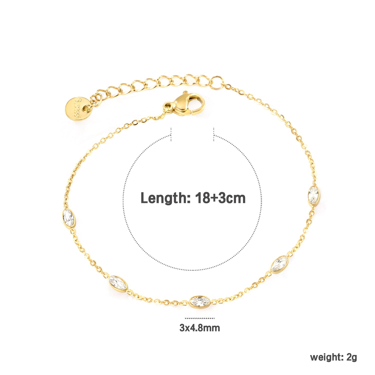 3*4.8mm Oval Sticky White Zirconium Accessories 0.3 Cross Chain*18+3cm+6mm Round Plaque Bracelet Golden asonjewelry