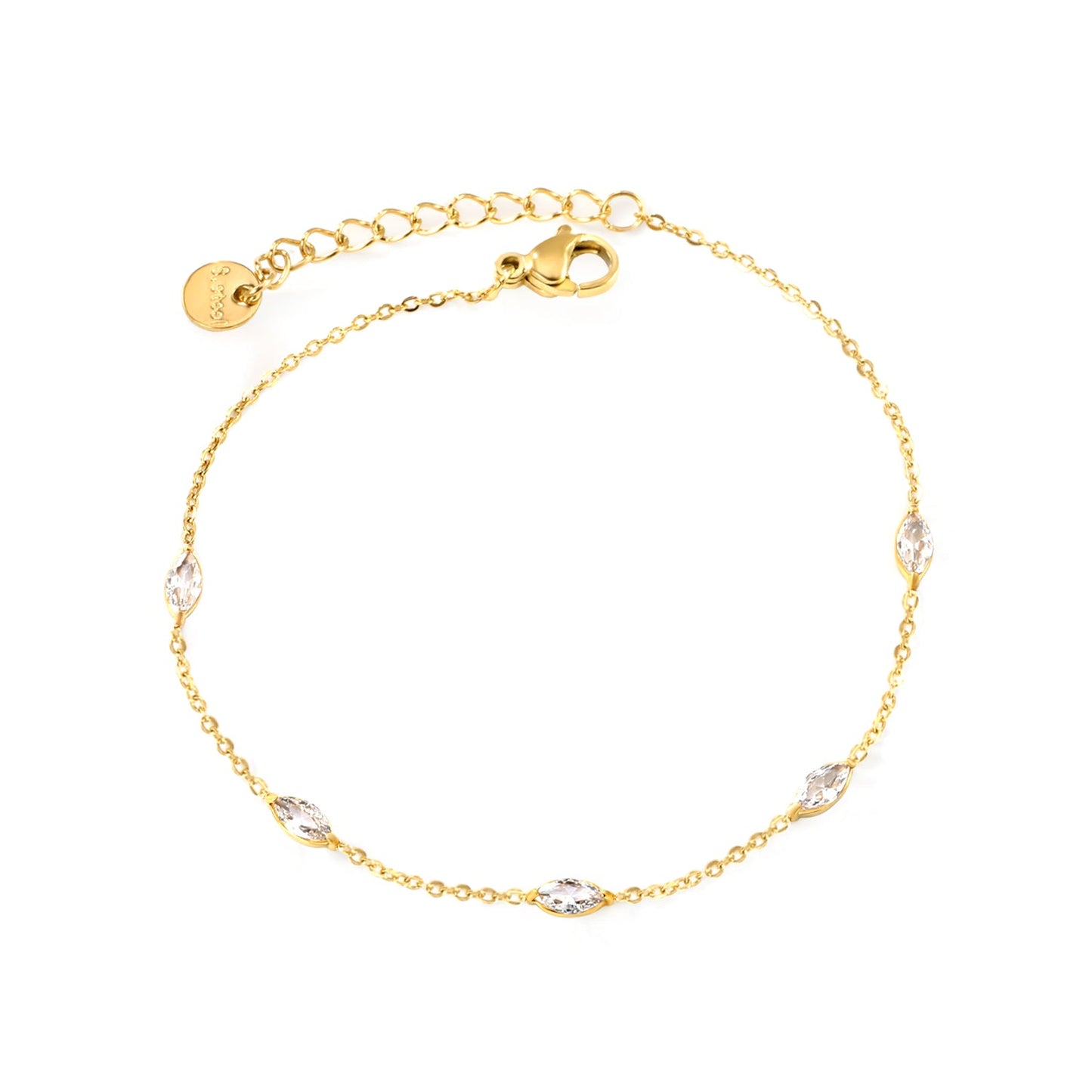 3.3*7.3mm Horse Eye White Zirconium Accessories 0.3 Cross Chain*18+3cm+6mm Round Plaque Bracelet Golden asonjewelry