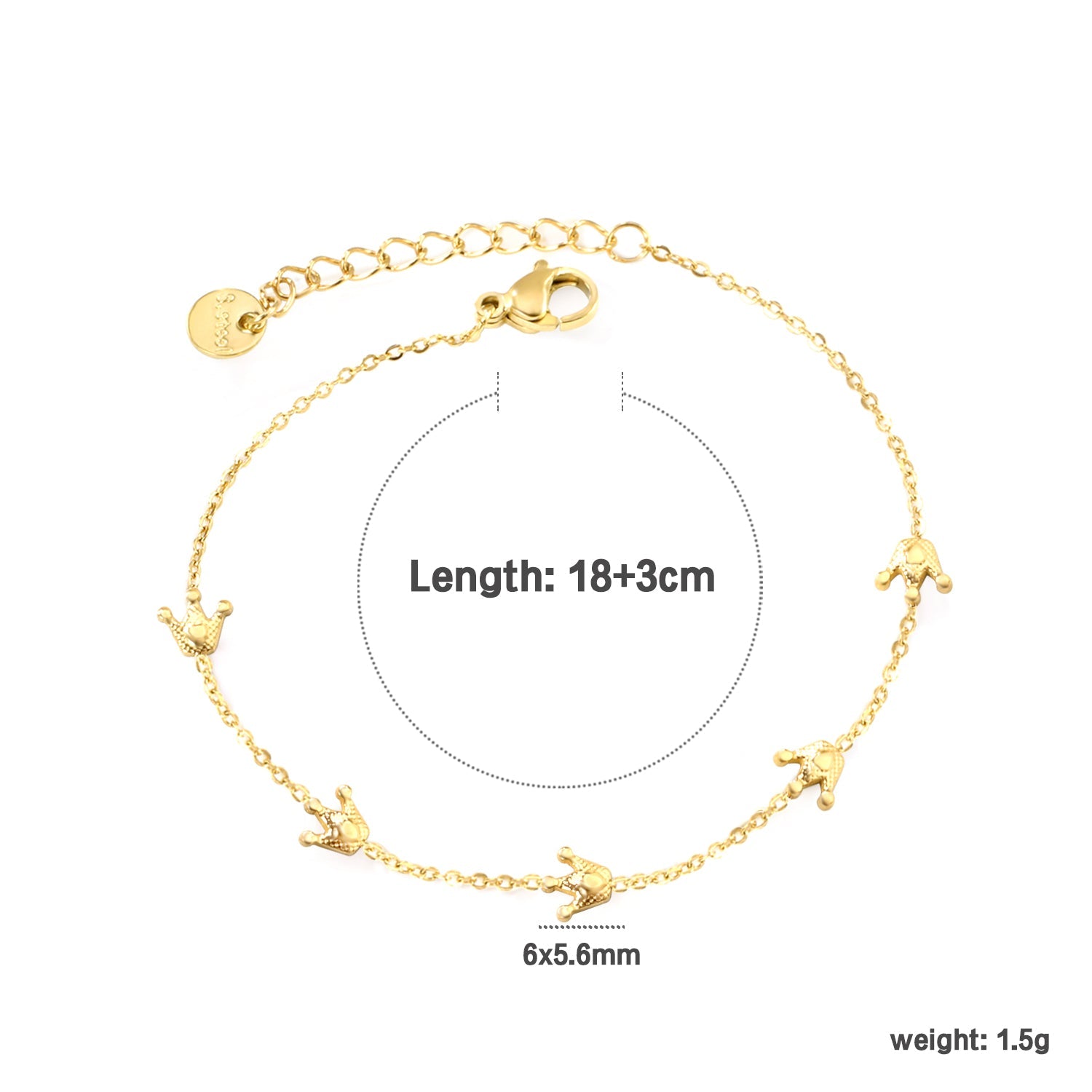 6*5.6mm Crown Accessories 0.3Cross Chain*18+3cm+6mm Round Plaque Bracelet Golden asonjewelry