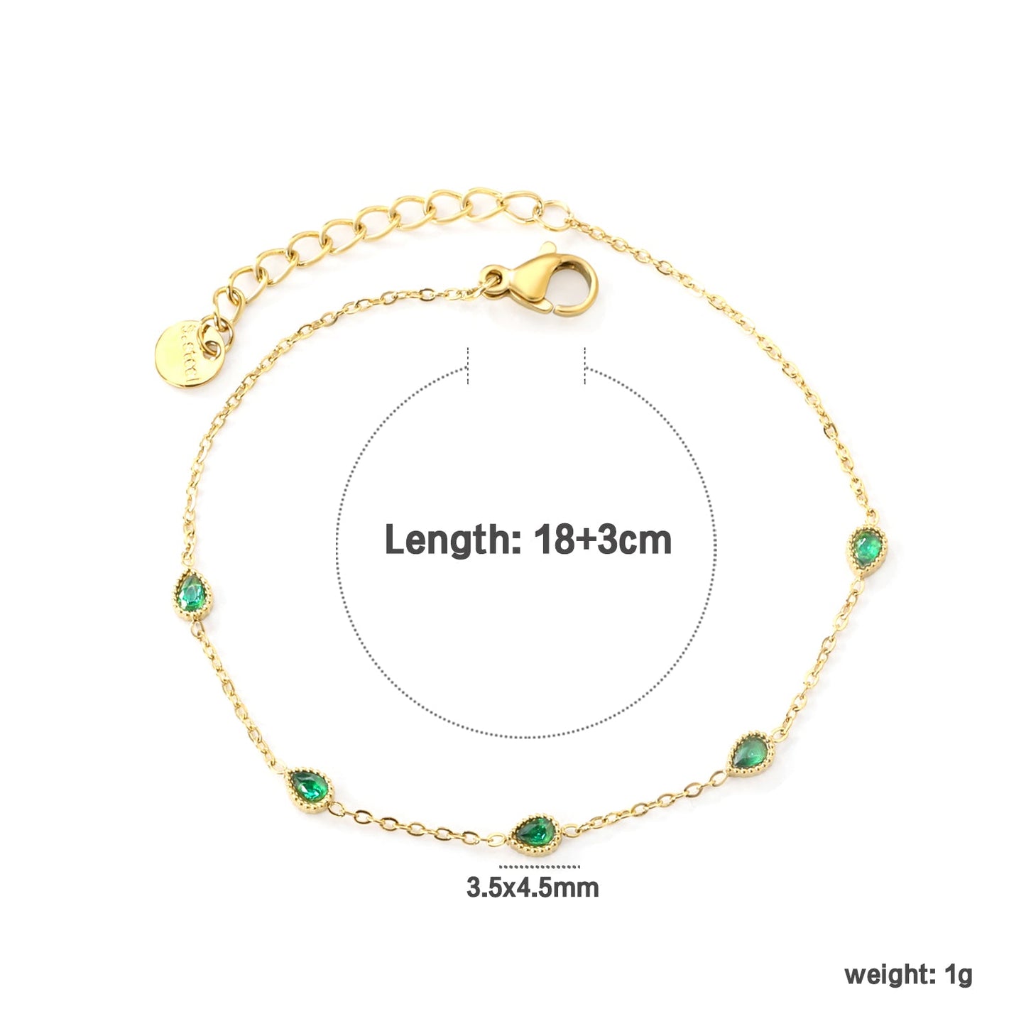 3.5*4.5mm teardrop shaped sticky emerald zirconium fittings 0.3 cross chain*18+3cm+6mm round plaque bracelet gold color asonjewelry