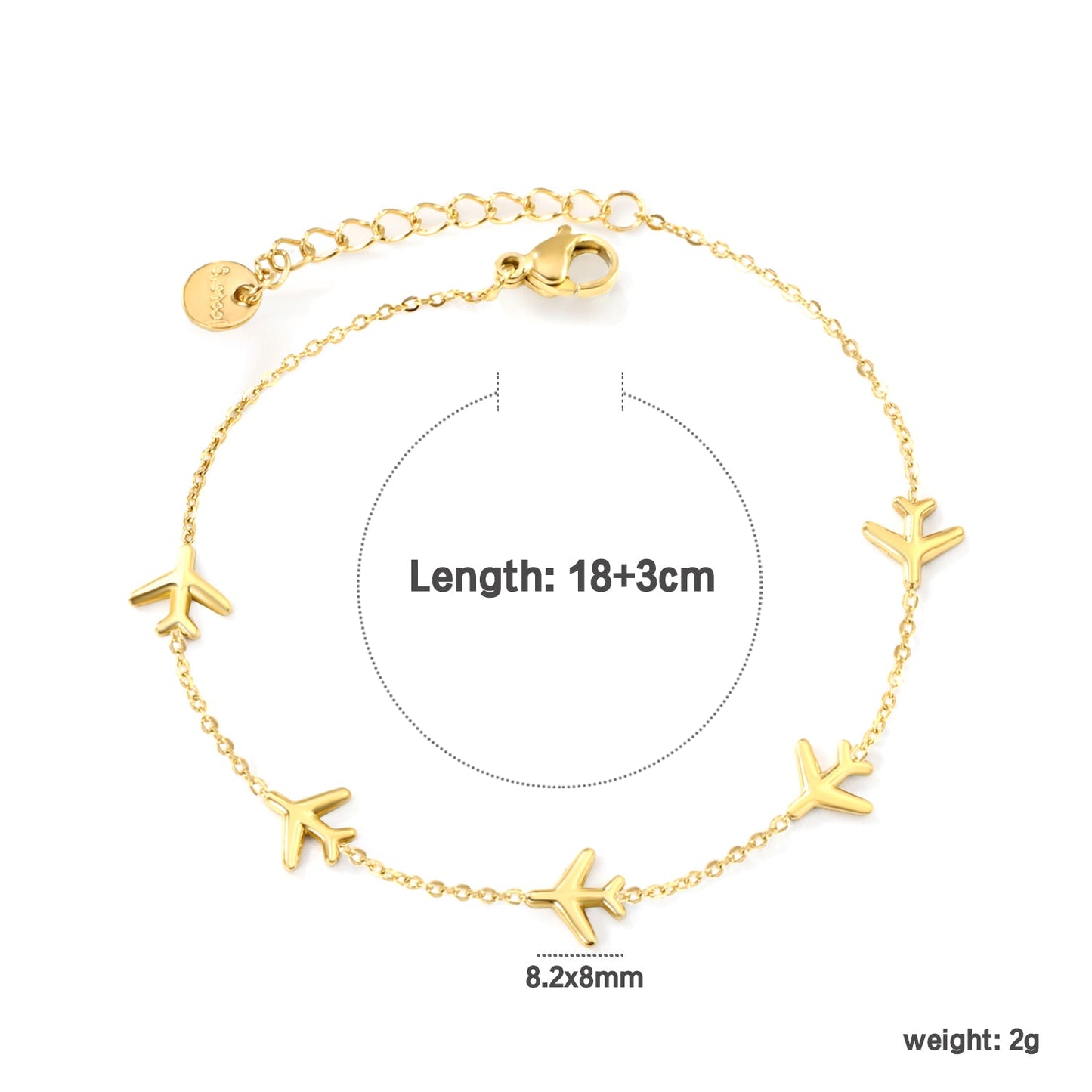 8.2*8mm Airplane Accessories 0.3 Cross Chain*18+3cm+6mm Round Plaque Bracelet Golden asonjewelry