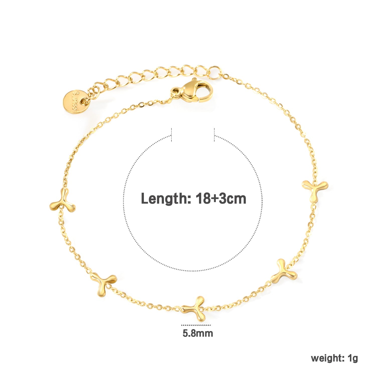 5.8mm Triangle Boomerang Accessory 0.3 Cross Chain*18+3cm+6mm Round Plaque Bracelet Golden asonjewelry