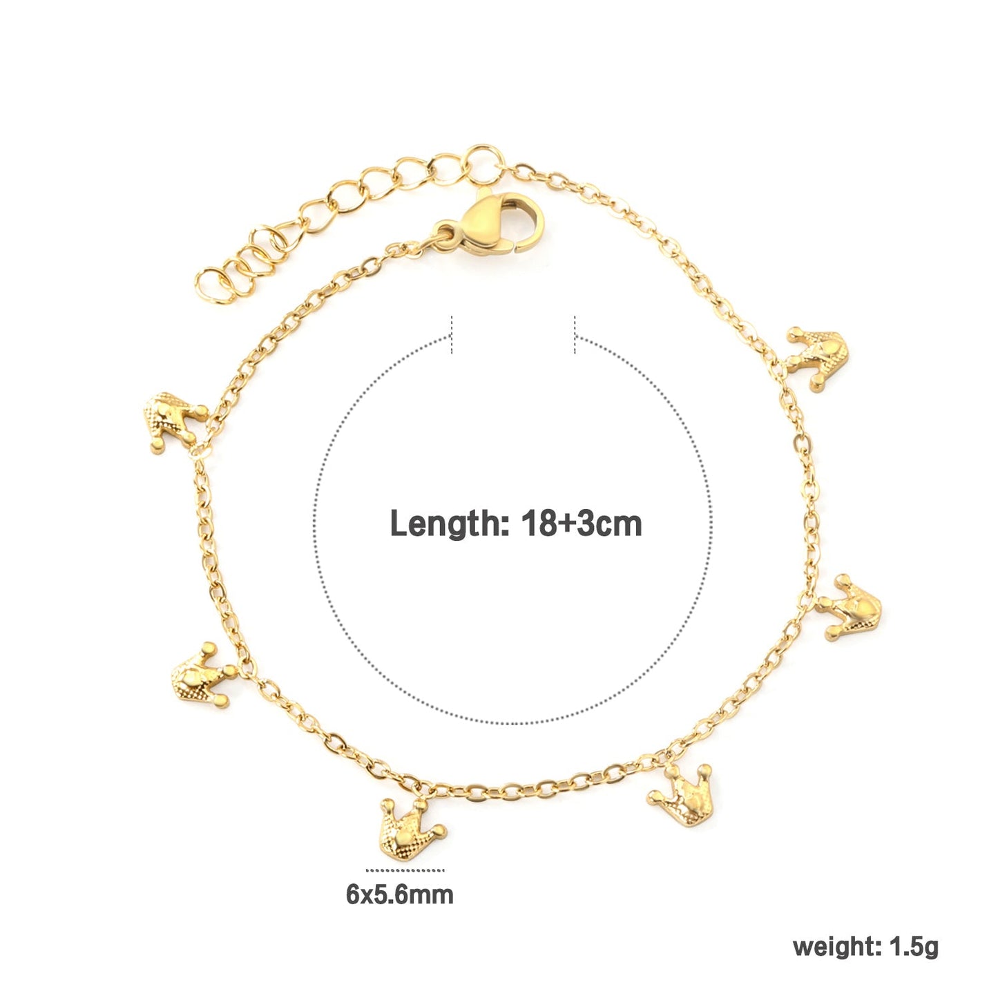 6 x 6mm Small Crown Accessories 17+3cm Bracelet Steel/Gold asonjewelry