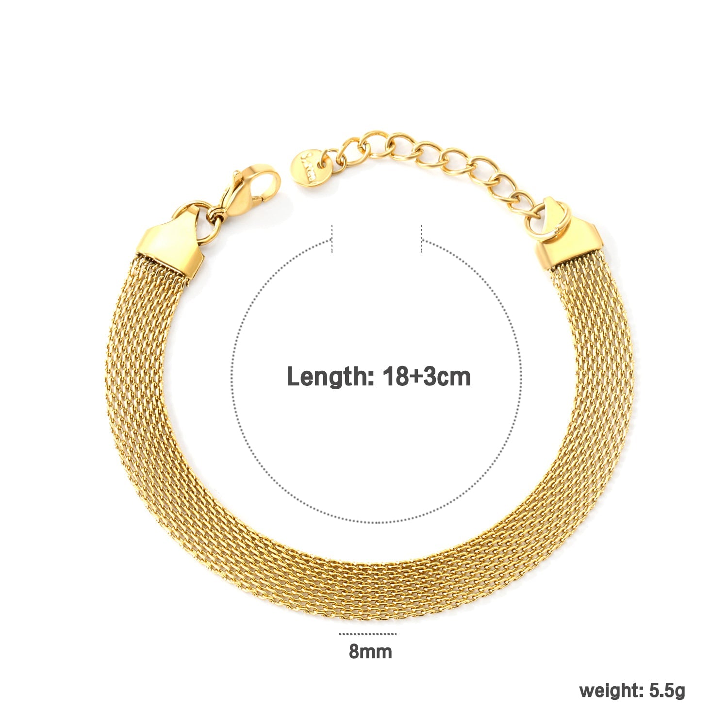Width 6mm/8mm*Thickness 1mm Flat Mesh Bracelet 18+3cm+6mm Round Tail Plate Gold/ Steel asonjewelry