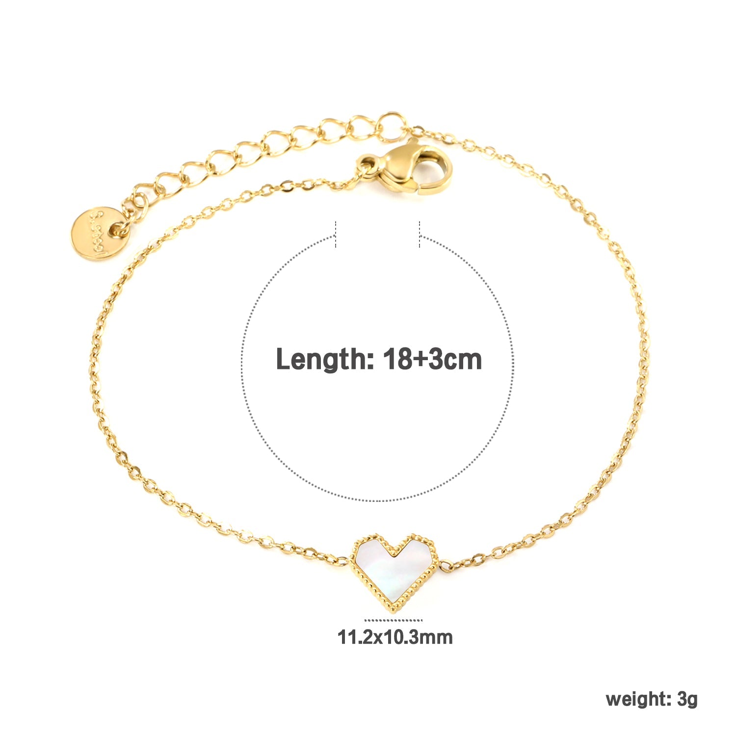 11.2*10.3mm heart shape with white shell/black acrylic/red acrylic fittings 0.35 cross chain*18+3cm+6mm round plaque Bracelet gold color asonjewelry