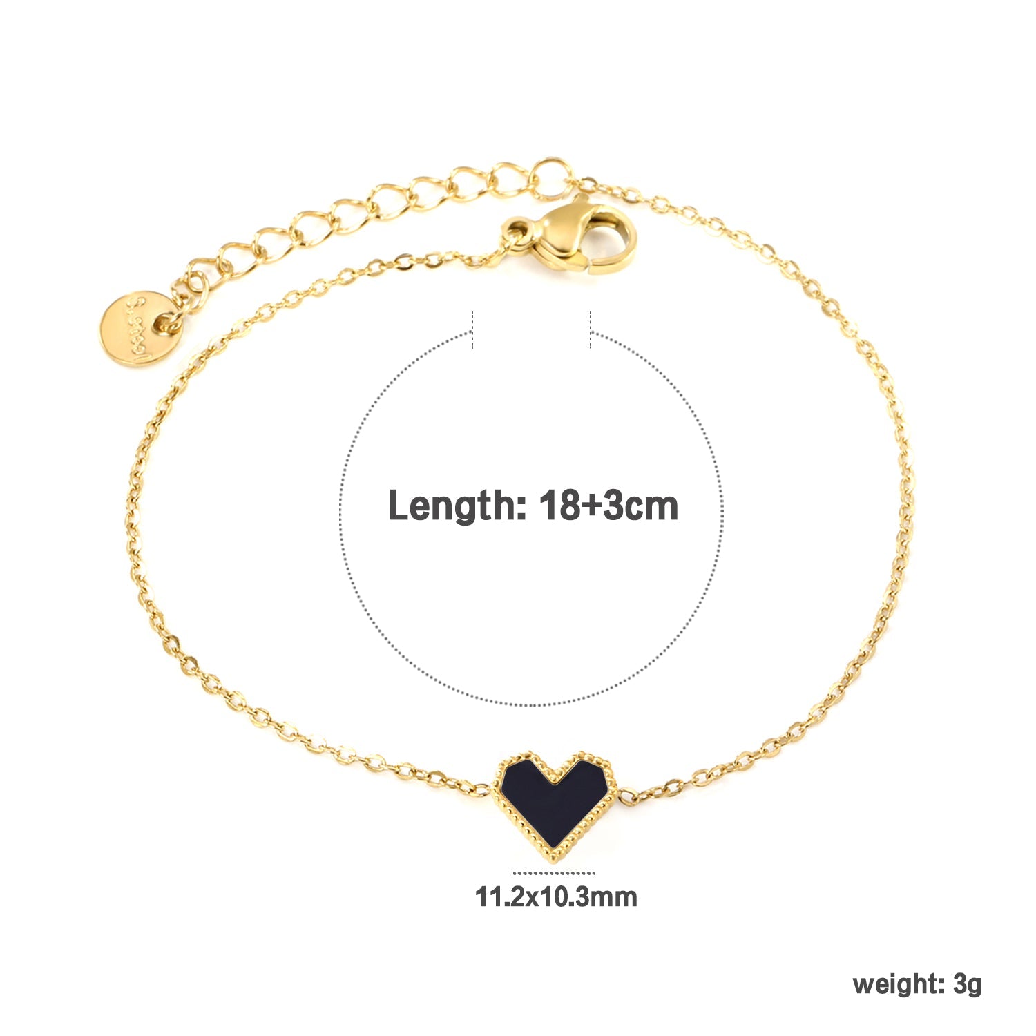 11.2*10.3mm heart shape with white shell/black acrylic/red acrylic fittings 0.35 cross chain*18+3cm+6mm round plaque Bracelet gold color asonjewelry
