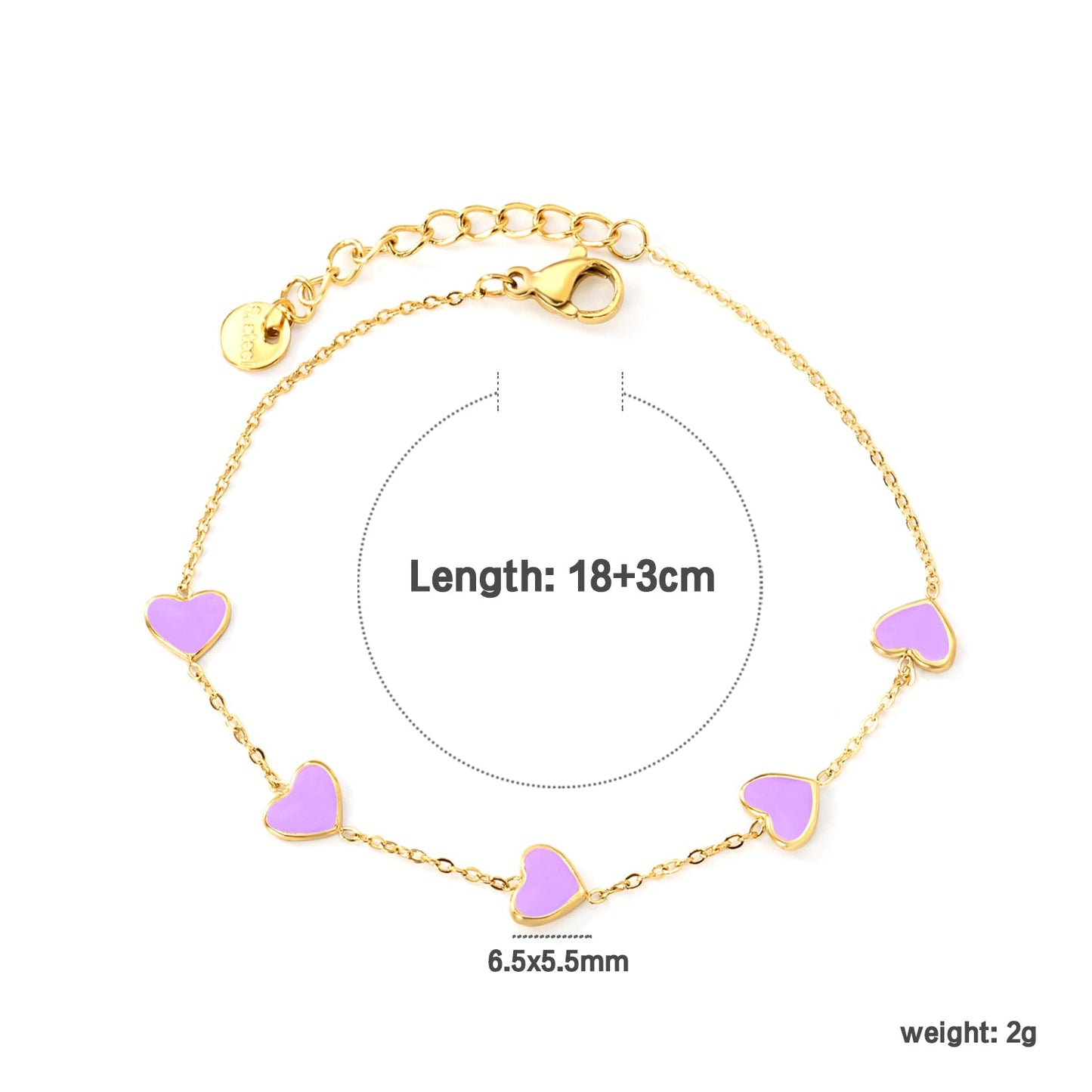 6.3*5.5mm heart-shaped black/purple/red/pink/dark blue oil-dripping accessories 0.3 cross chain *18+3cm+6mm round sign bracelet gold color asonjewelry