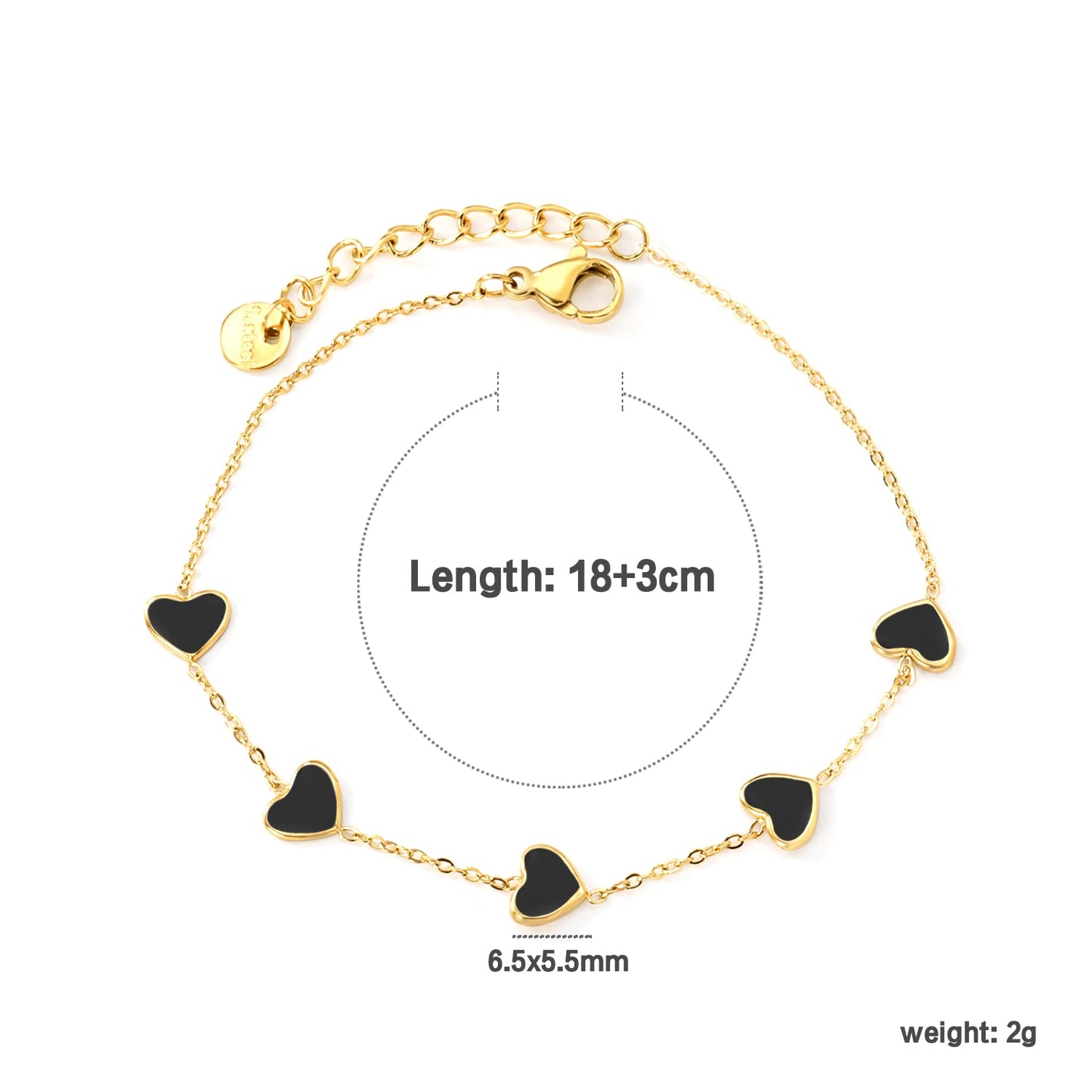 6.3*5.5mm heart-shaped black/purple/red/pink/dark blue oil-dripping accessories 0.3 cross chain *18+3cm+6mm round sign bracelet gold color asonjewelry