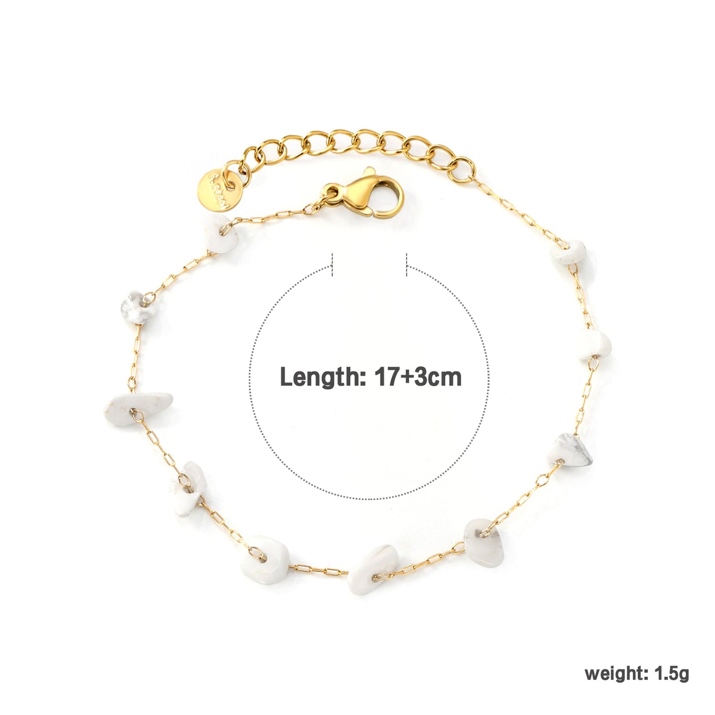 White Turquoise/ Amethyst/ Pink/ Sky Blue/ Turquoise/ Mixed Color Stone Accessories 0.3 Cross Chain*17+3cm+6mm Round Plaque Bracelet Golden asonjewelry