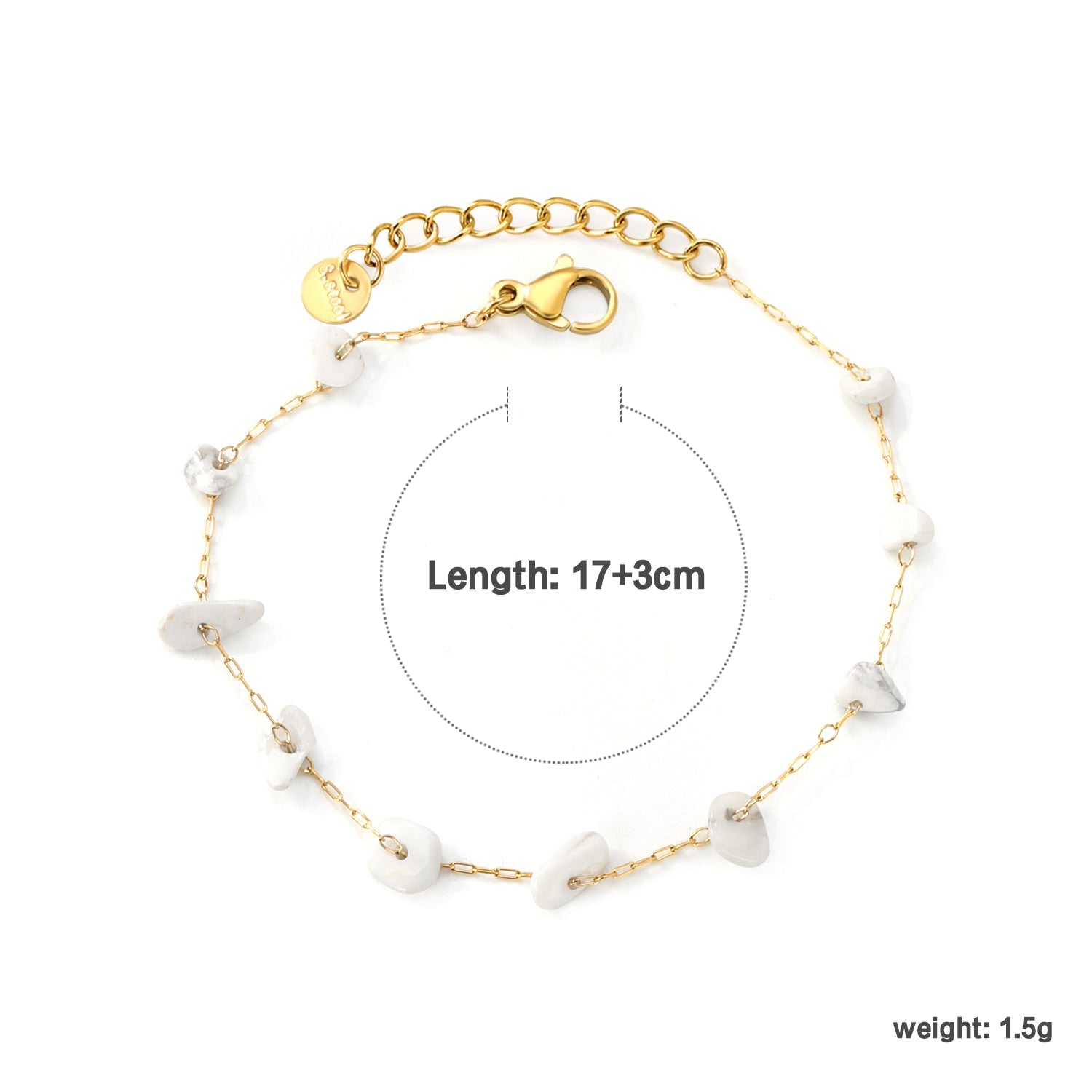 White Turquoise/ Amethyst/ Pink/ Sky Blue/ Turquoise/ Mixed Color Stone Accessories 0.3 Cross Chain*17+3cm+6mm Round Plaque Bracelet Golden asonjewelry