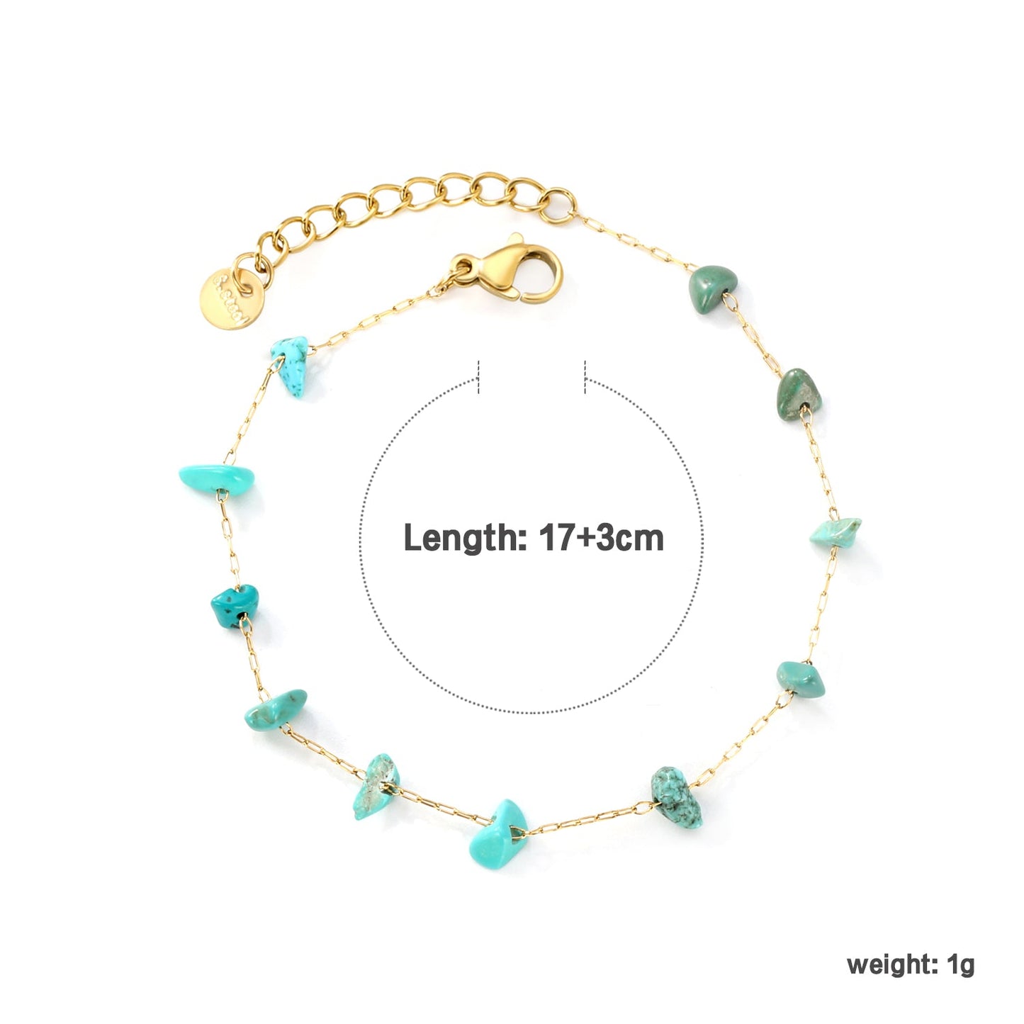 White Turquoise/ Amethyst/ Pink/ Sky Blue/ Turquoise/ Mixed Color Stone Accessories 0.3 Cross Chain*17+3cm+6mm Round Plaque Bracelet Golden asonjewelry