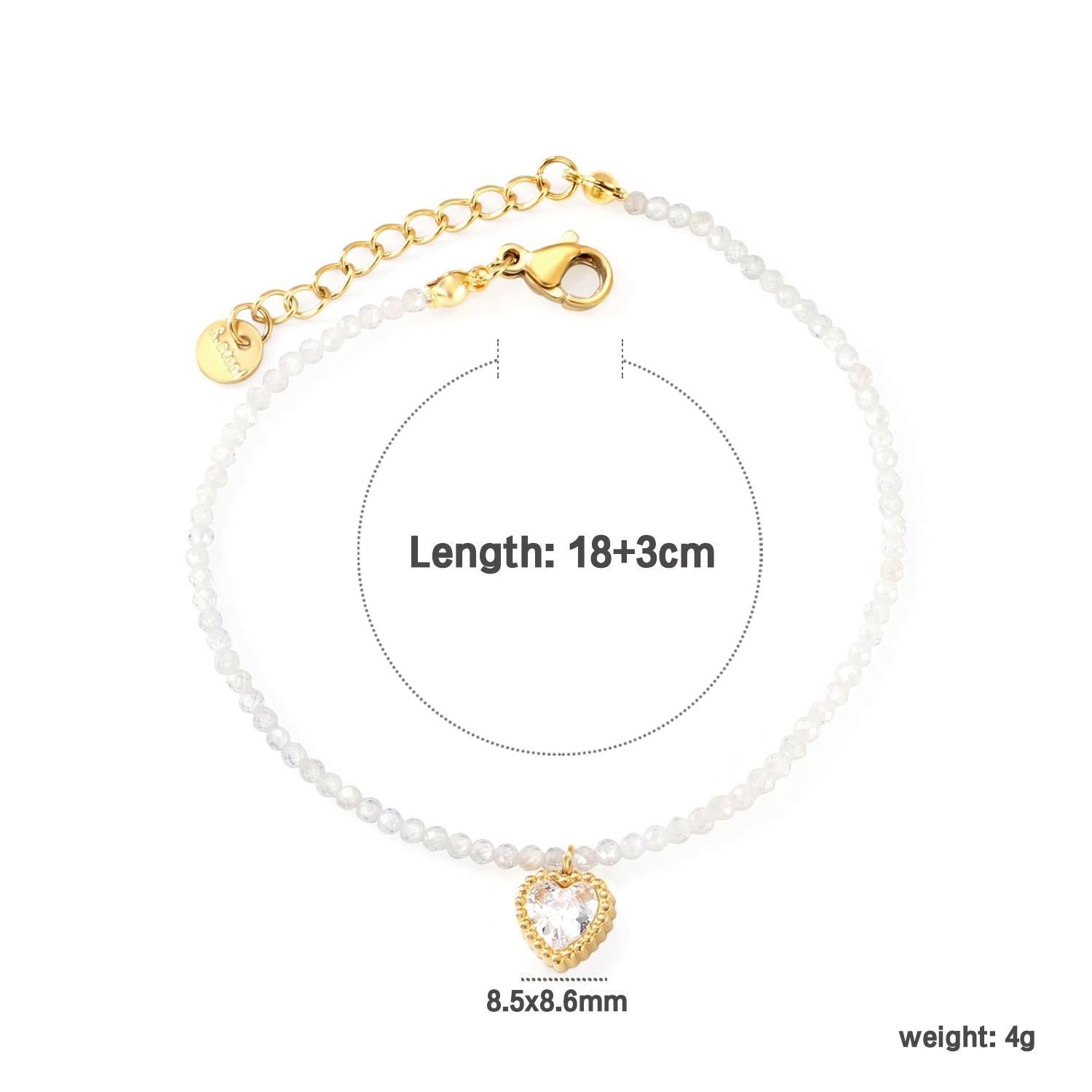 8.5*8.6mm Bead Edge Heart Shape Sticky White/Black/Purple/Red/Pink Zirconia Accessories 2mm White Beads*18+3cm+6mm Round Plaque Bracelet Golden asonjewelry