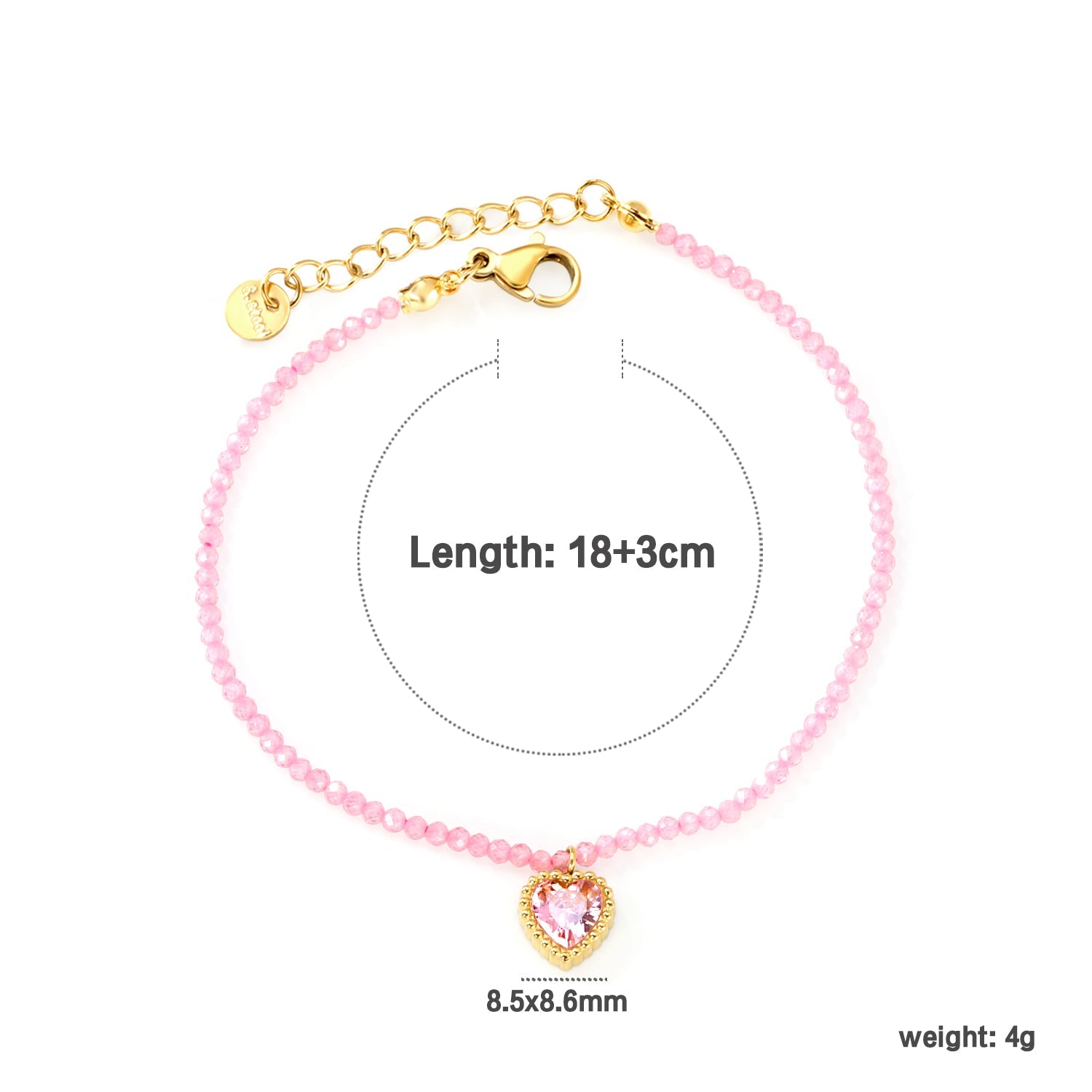 8.5*8.6mm Bead Edge Heart Shape Sticky White/Black/Purple/Red/Pink Zirconia Accessories 2mm White Beads*18+3cm+6mm Round Plaque Bracelet Golden asonjewelry