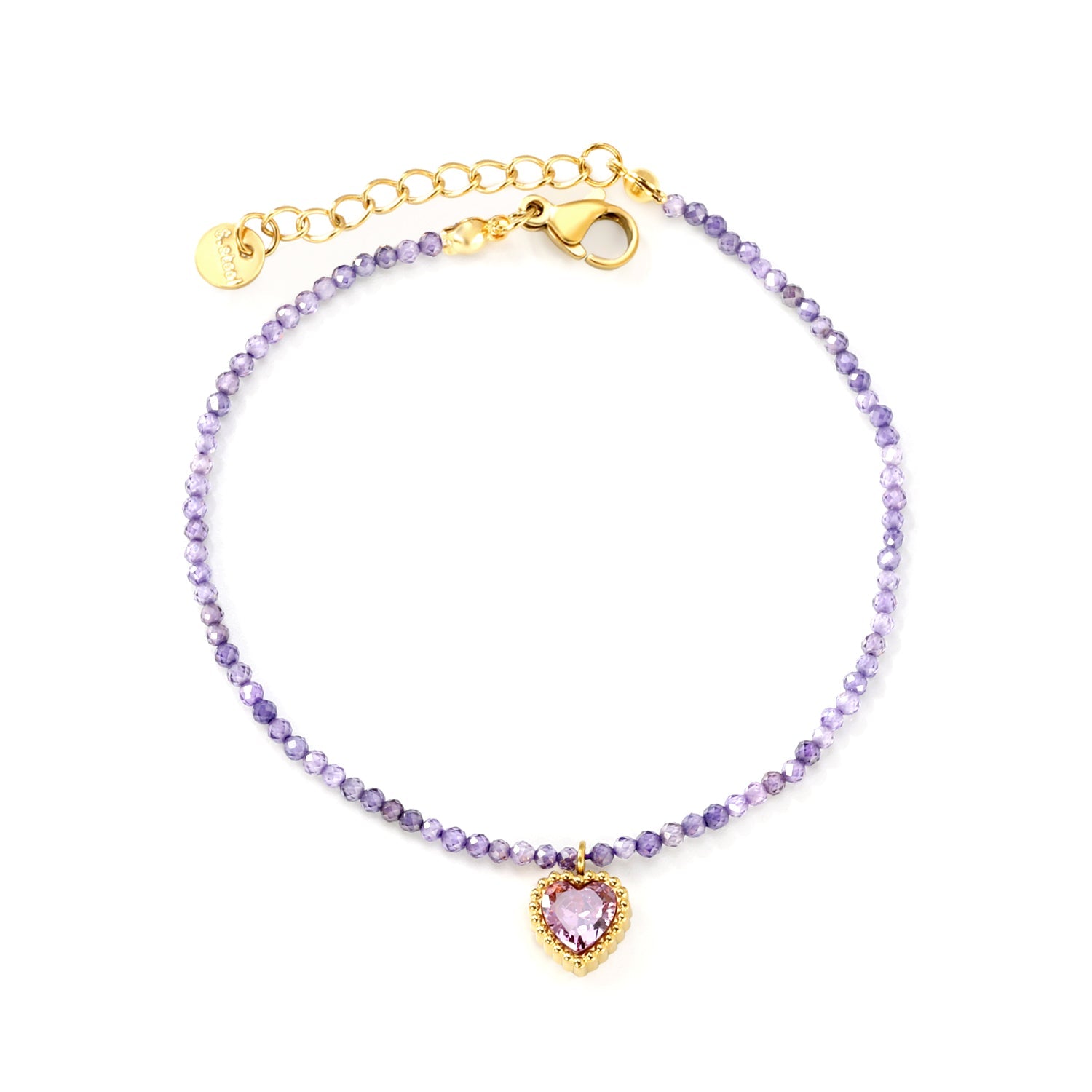 8.5*8.6mm Bead Edge Heart Shape Sticky White/Black/Purple/Red/Pink Zirconia Accessories 2mm White Beads*18+3cm+6mm Round Plaque Bracelet Golden asonjewelry